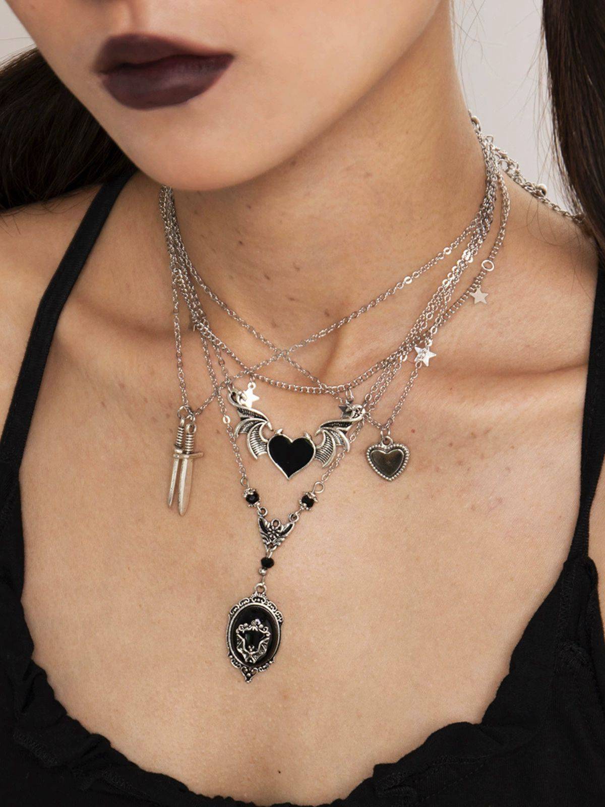 Black Gothic Heart Wings Star Dagger Pendant Necklace Set , 2 of 9