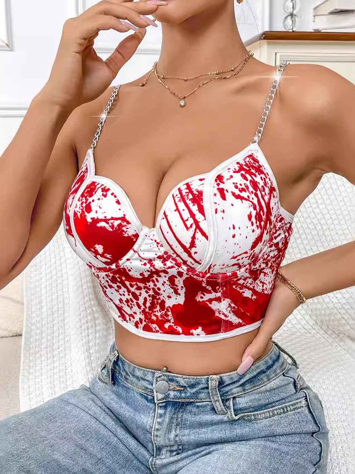 White 1970s Halloween Metal Chain Blood Spatter Crop Top White / S, 1 of 4
