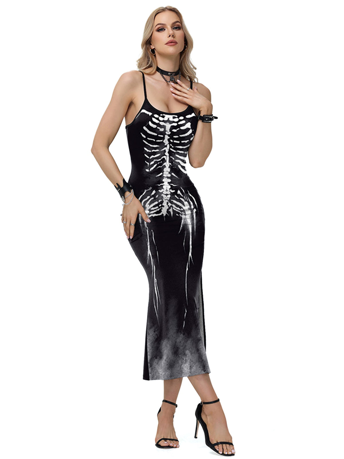 Black Skeleton Slit Spaghetti Straps Dress, 2 of 6