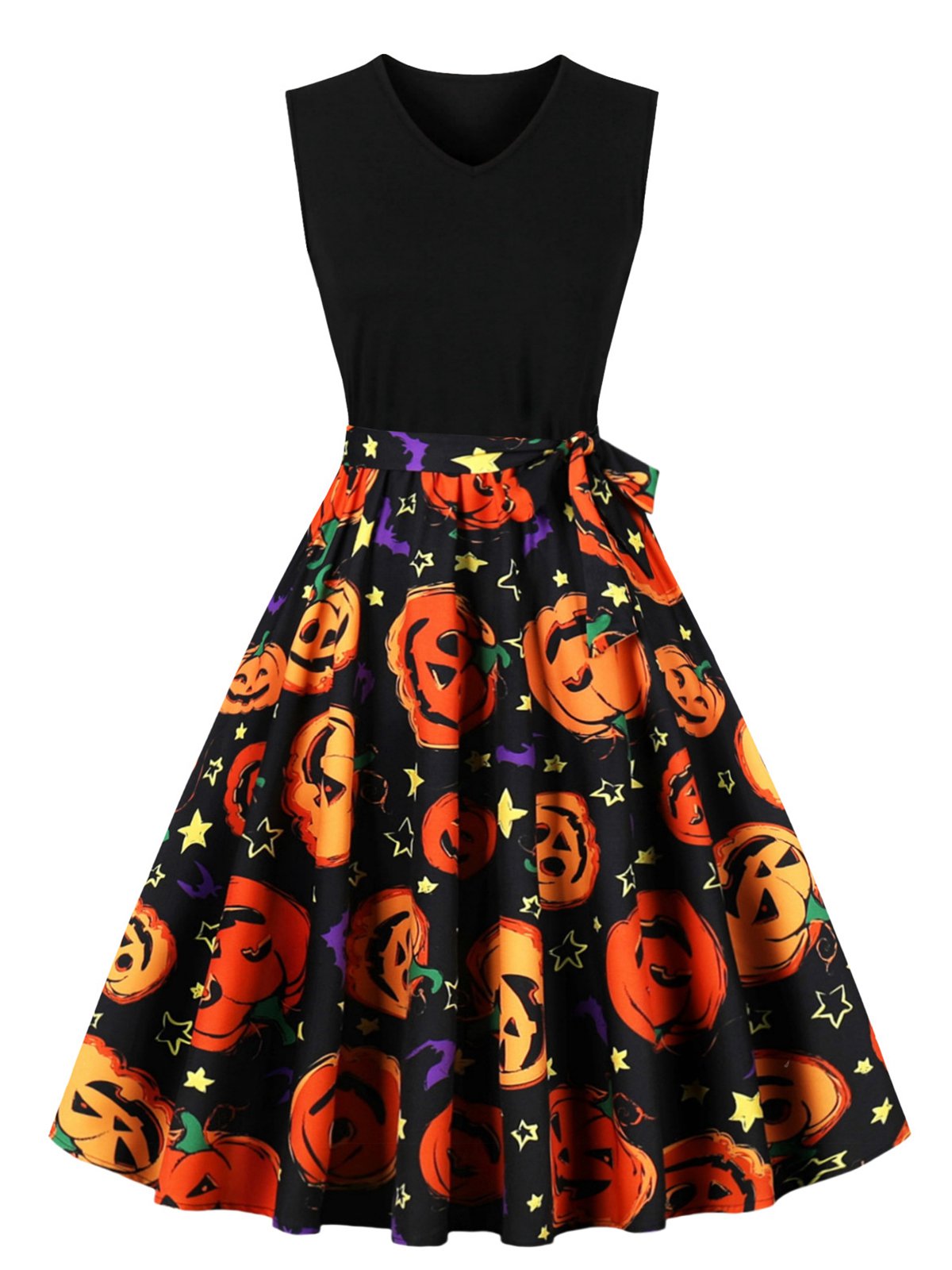 Halloween Patchwork Belt Swing Dress Stars & Pumpkin, 8 of 10