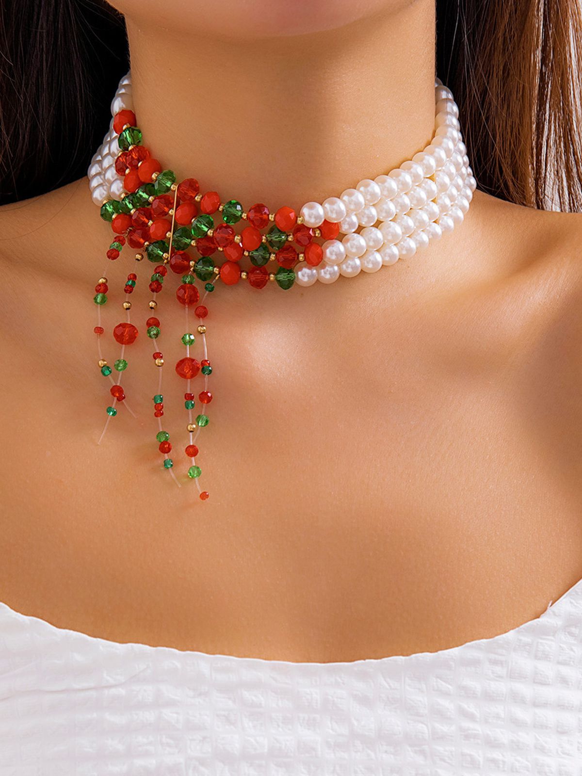 Christmas Multilayer Contrast Pearl Strand Necklace, 1 of 4