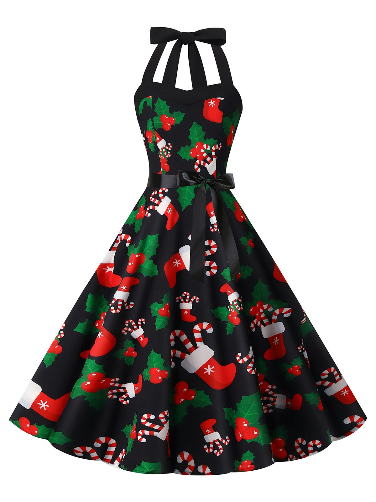 1950s Christmas Halter Belted Swing Dress , 2 of 11