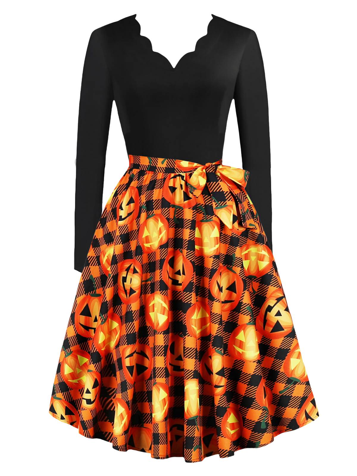 Halloween Pattern Wave Neck Patchwork Dress, 1 of 10
