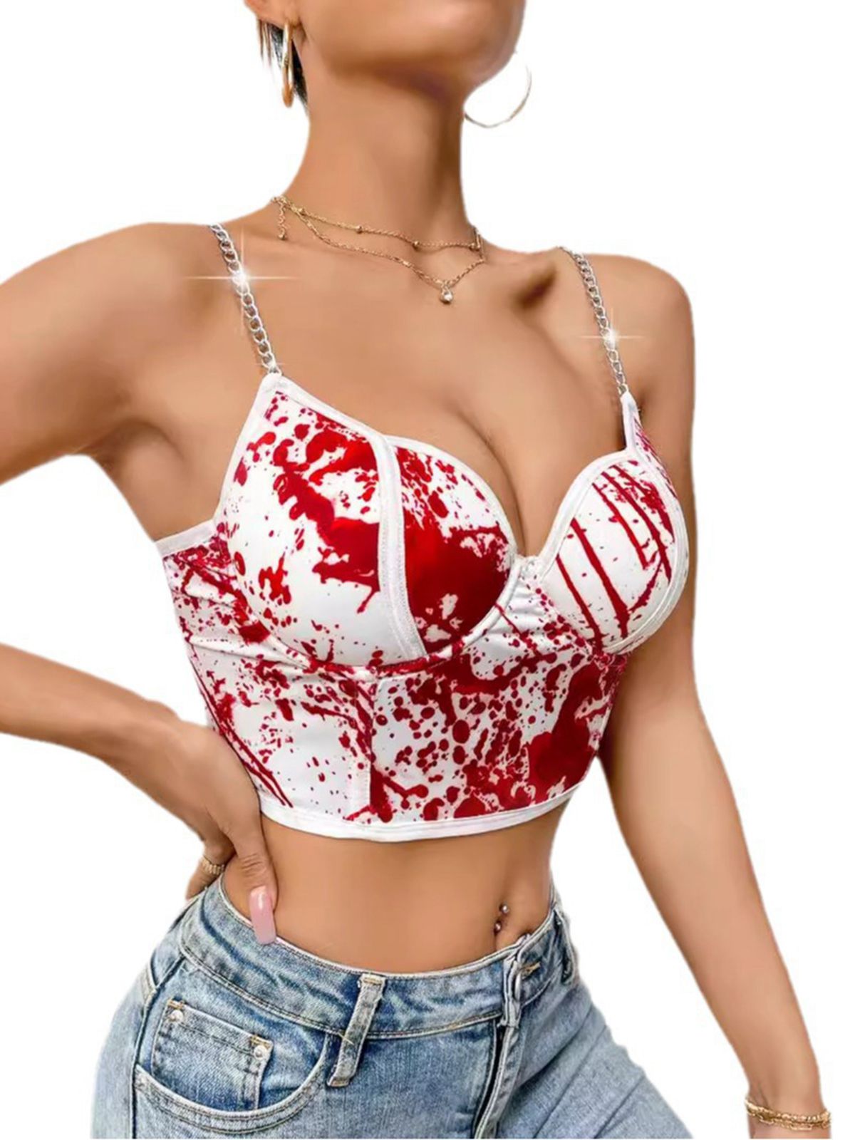 White 1970s Halloween Metal Chain Blood Spatter Crop Top White / S, 4 of 4