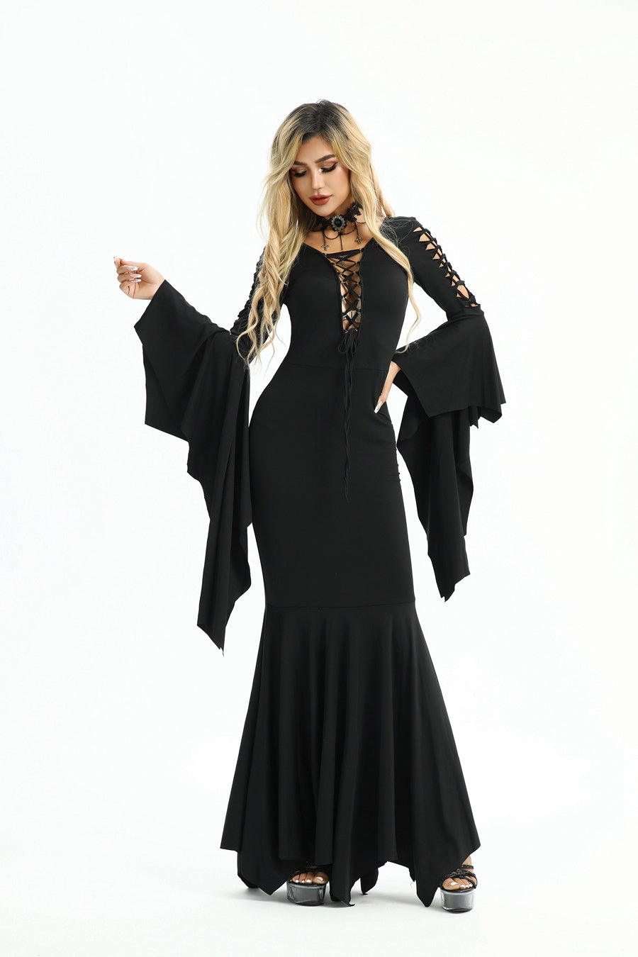 Black 1930s Solid Batwing Lace-Up Fishtail Dress Black / S, 7 of 9