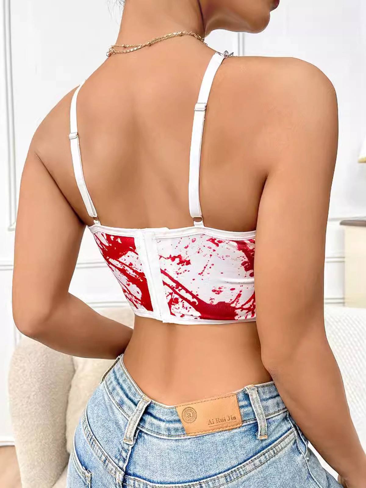 White 1970s Halloween Metal Chain Blood Spatter Crop Top White / S, 2 of 4