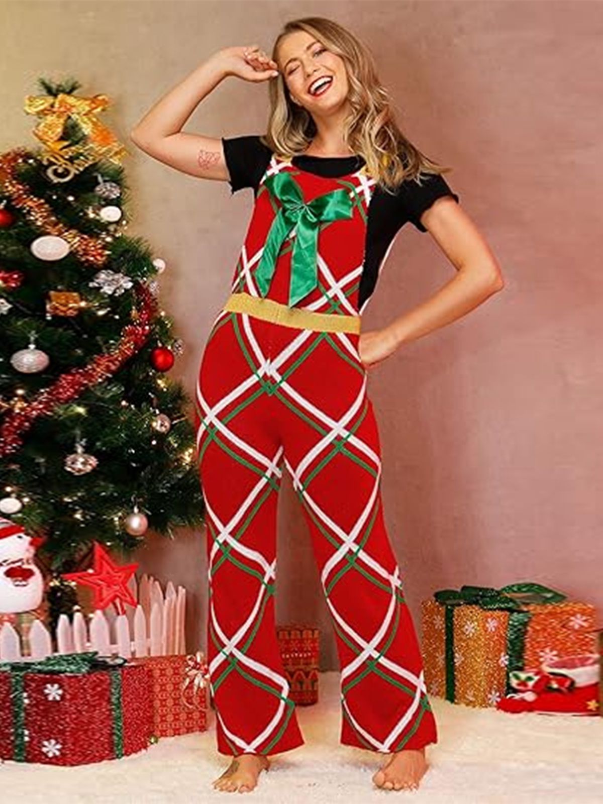 Christmas Gift-Themed Bow Plaid Jumpsuit, 1 of 5