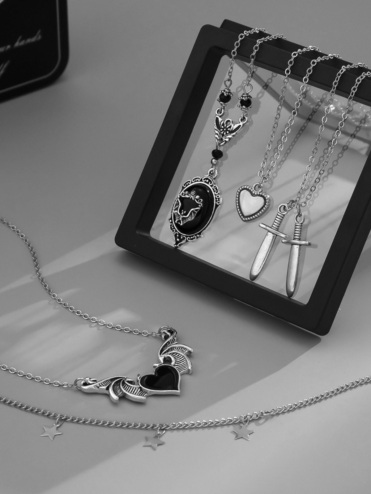 Black Gothic Heart Wings Star Dagger Pendant Necklace Set , 7 of 9