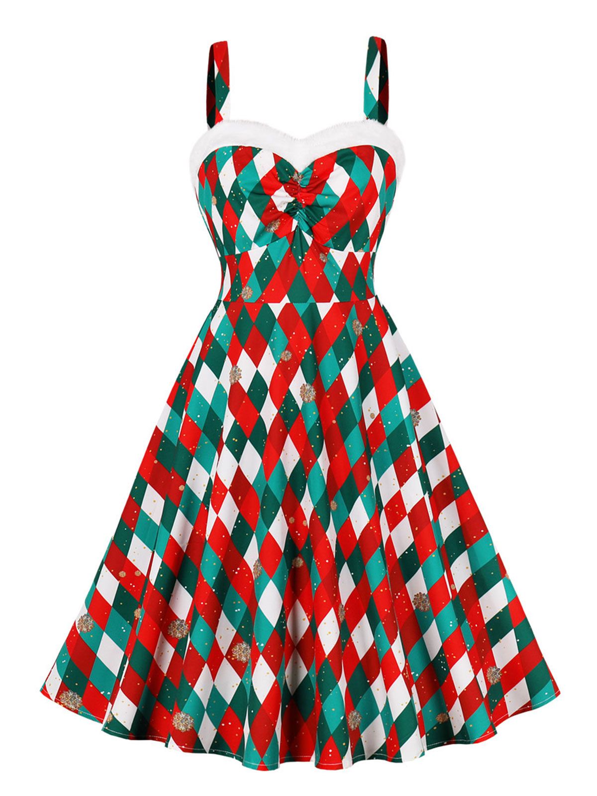 Christmas Plaid Suspender Fur Collar Dress Multicolor / S, 1 of 8