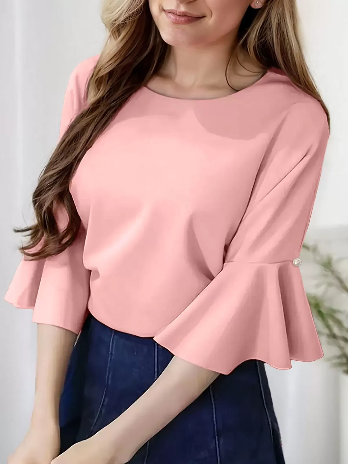 Solid Ruffles Round Neck Flounce Sleeve Blouse, 1 of 5