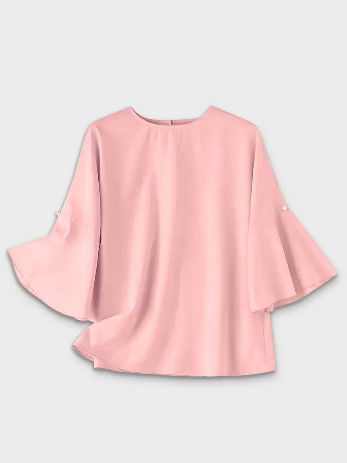 Solid Ruffles Round Neck Flounce Sleeve Blouse, 3 of 5