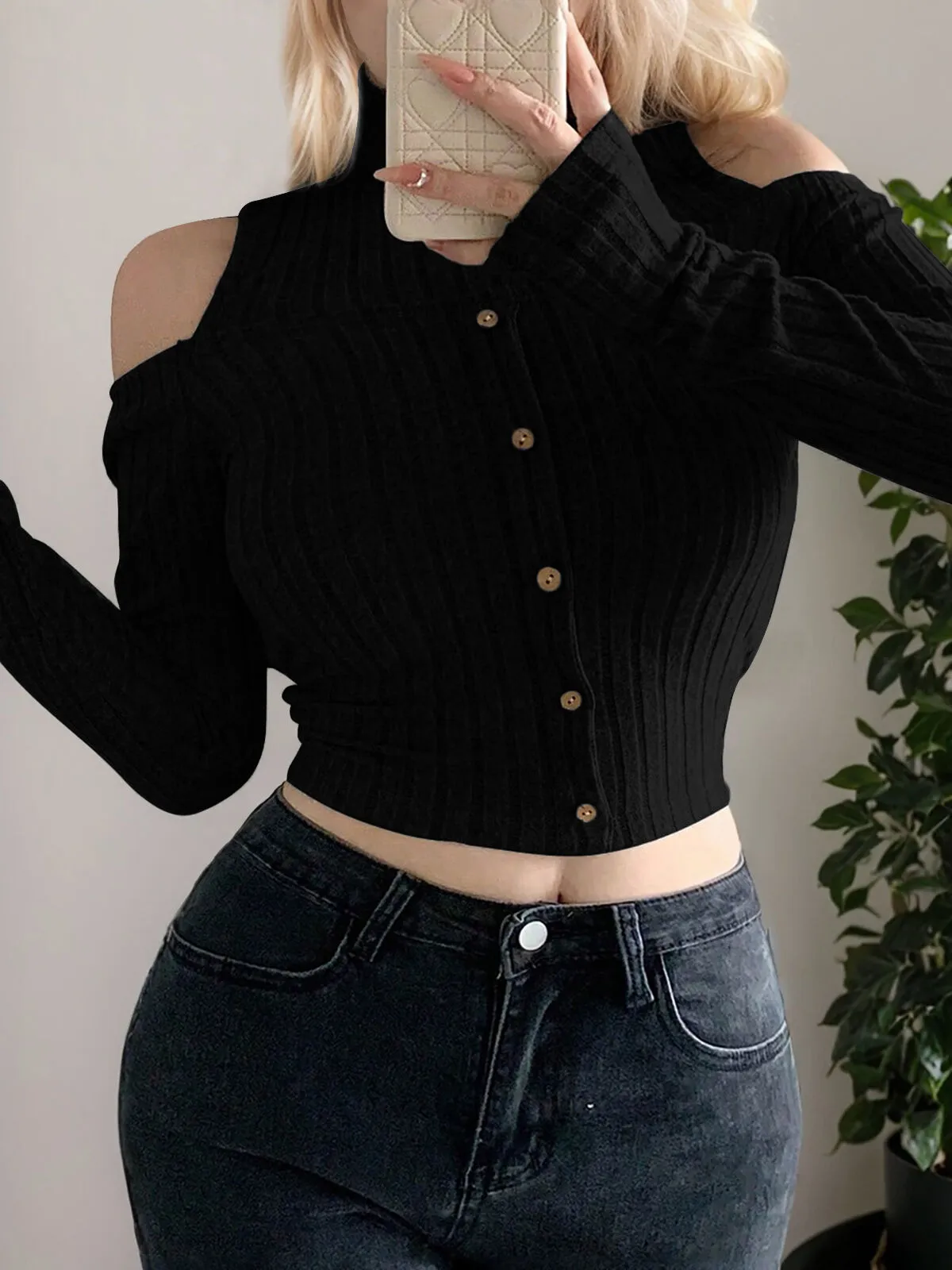 Solid Button Stand Collar Regular Blouse, 3 of 4