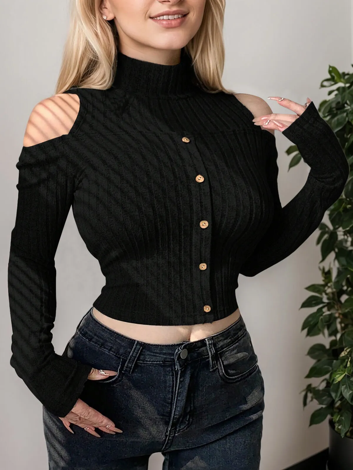 Solid Button Stand Collar Regular Blouse, 4 of 4