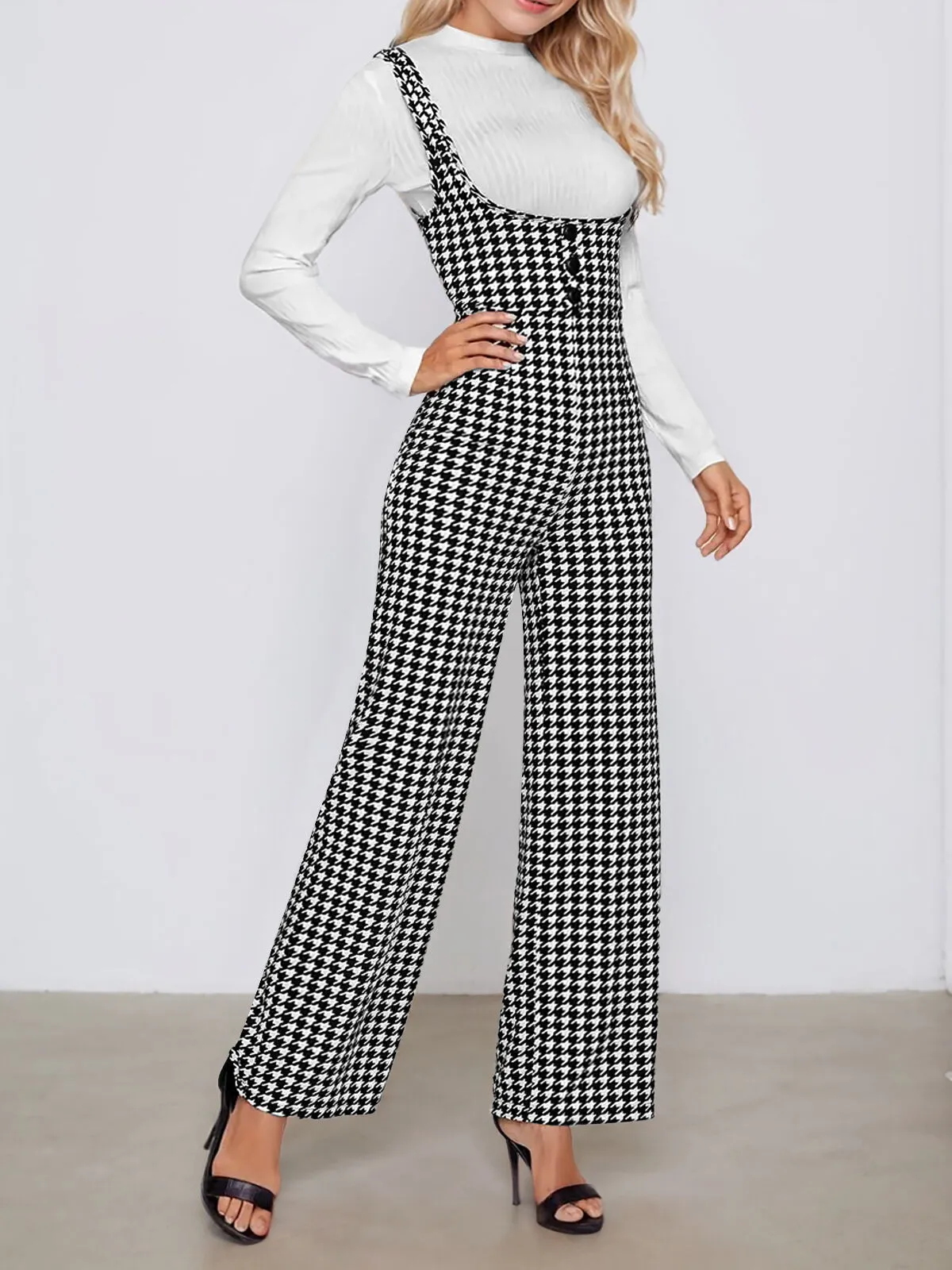Vintage Office Chic Suitable Commuting High Waist Houndstooth Print Jumpsuit, 3 of 5