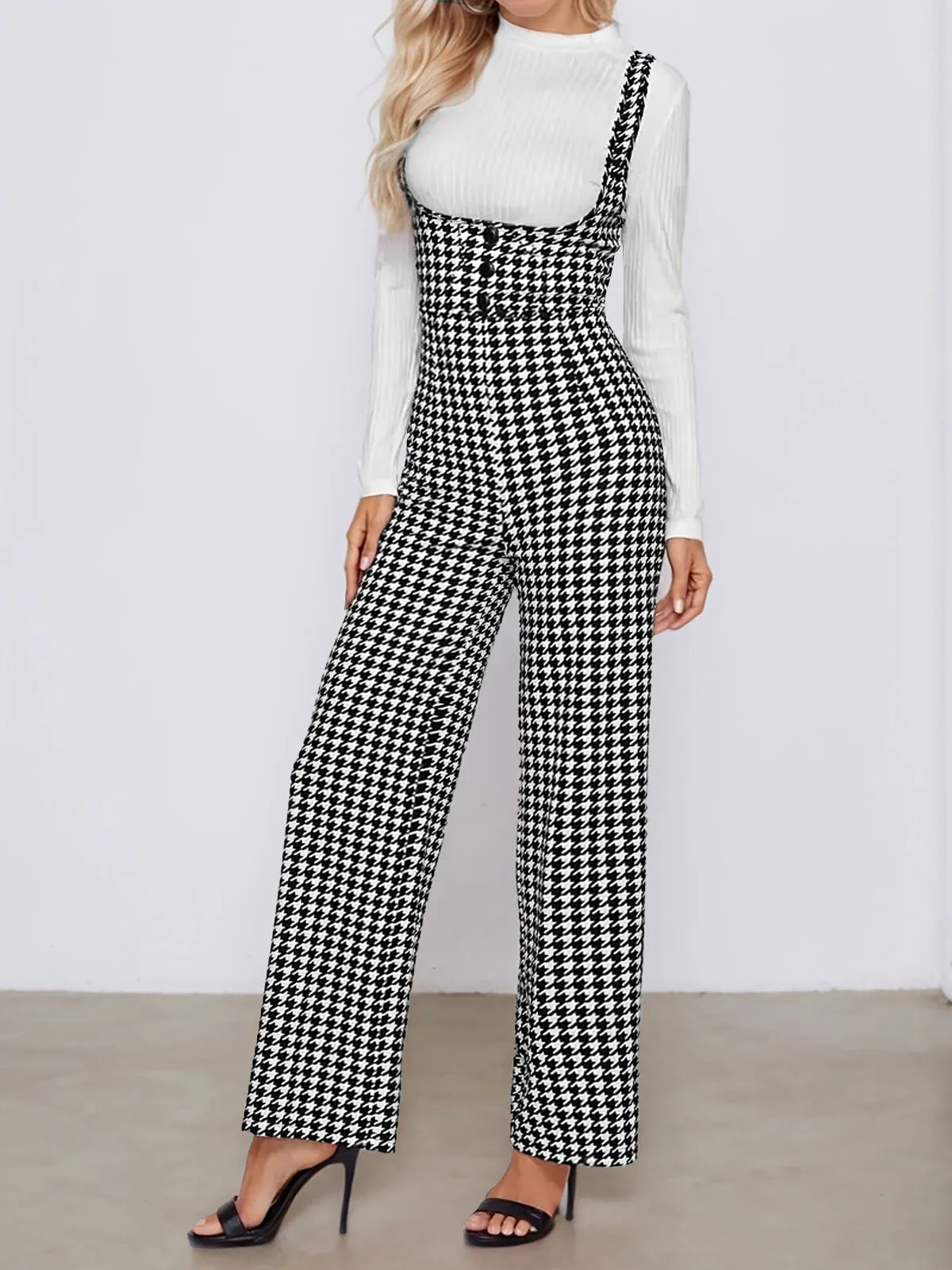 Vintage Office Chic Suitable Commuting High Waist Houndstooth Print Jumpsuit, 4 of 5