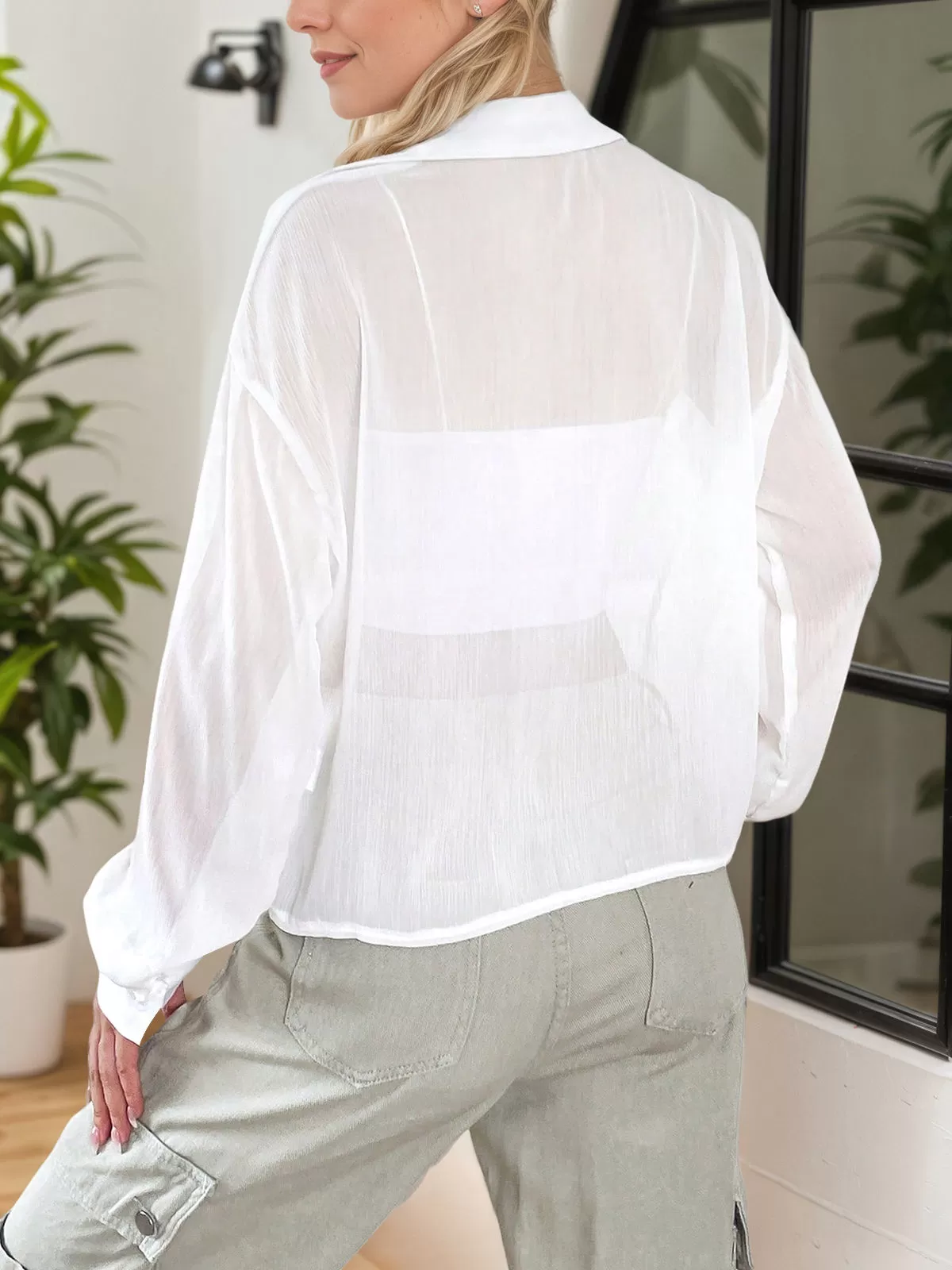 Solid Button Lapel Drop Shoulder Chiffon Regular Blouse, 2 of 5