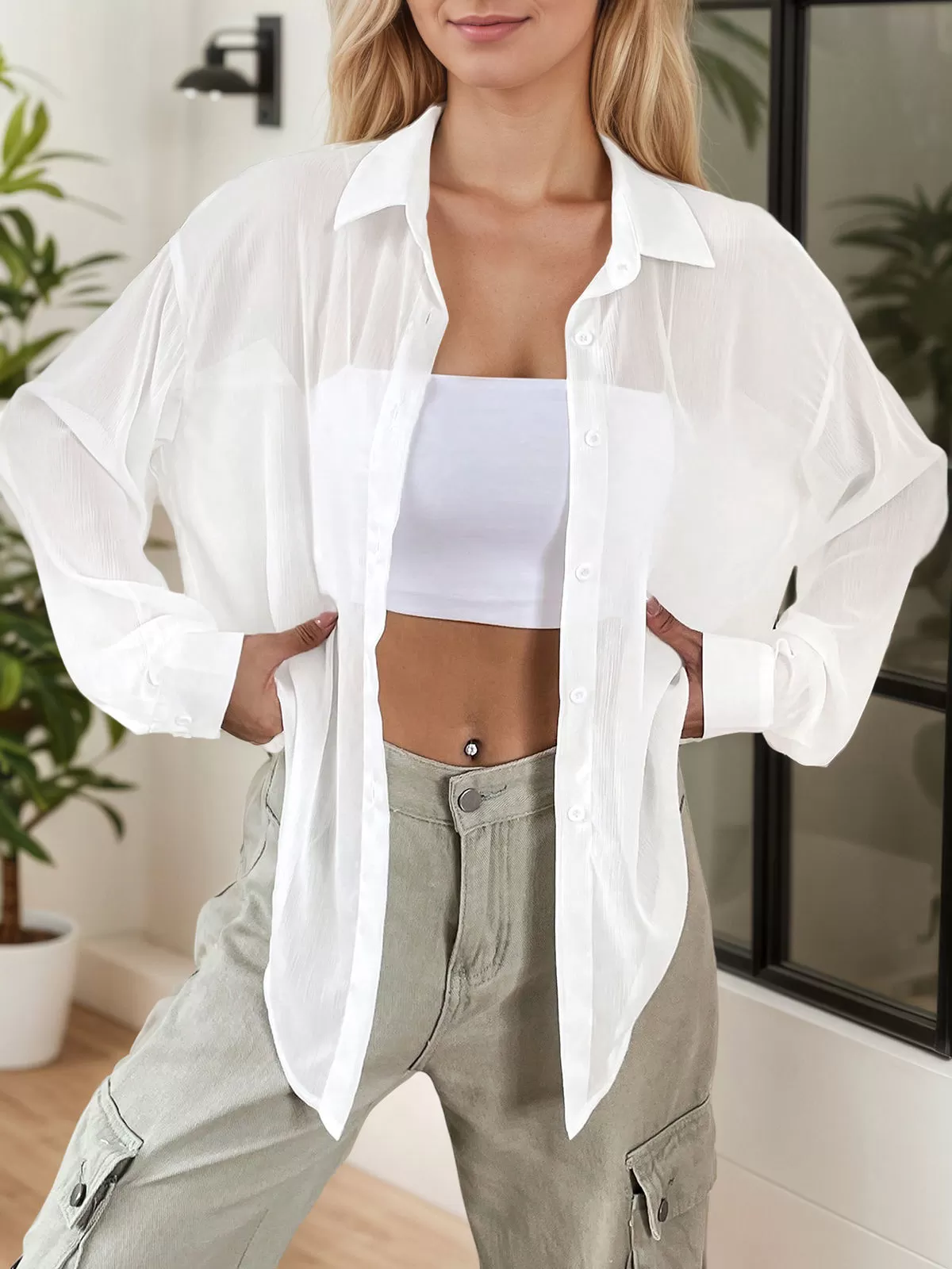 Solid Button Lapel Drop Shoulder Chiffon Regular Blouse, 3 of 5