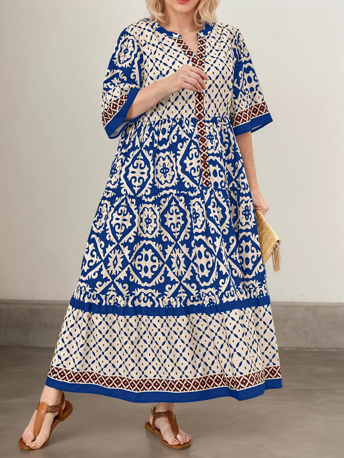 Plus Size Bohemian Button V-neck Regular Sleeve Shift Dress, 3 of 3