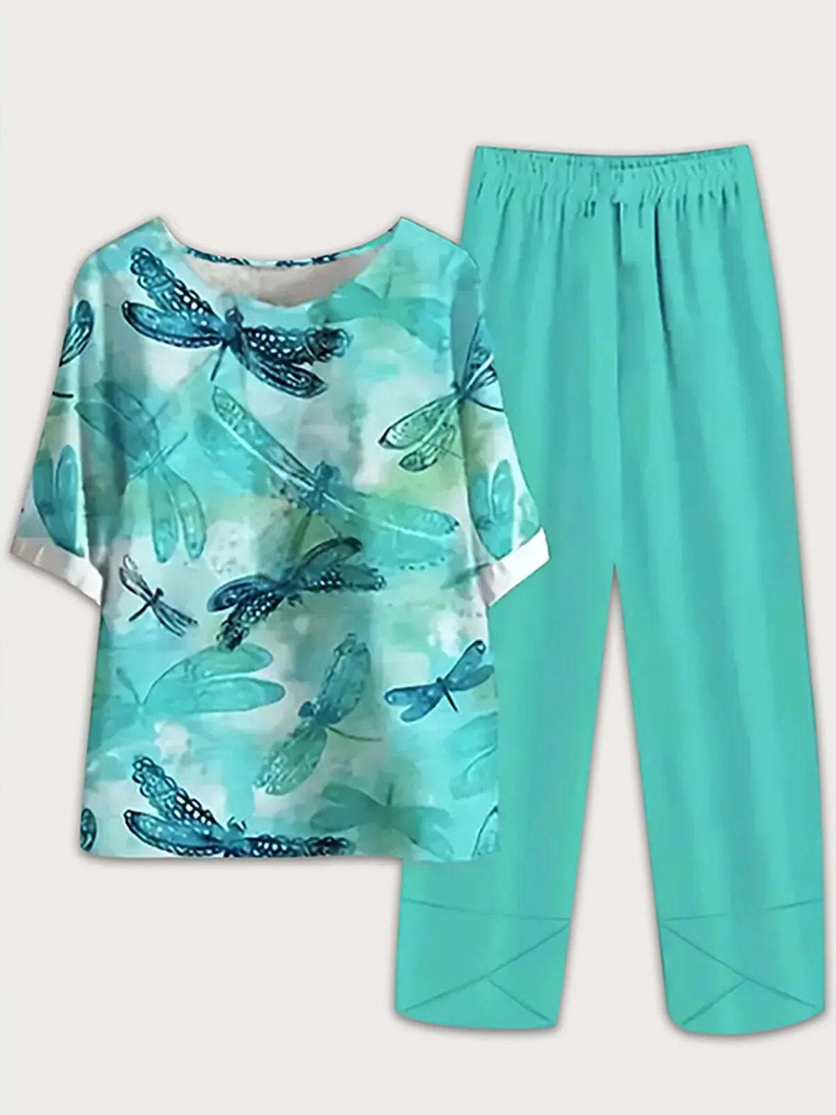 Dragonfly Floral  Regular Short Sleeve Blouse & Solid Pants, 1 of 10