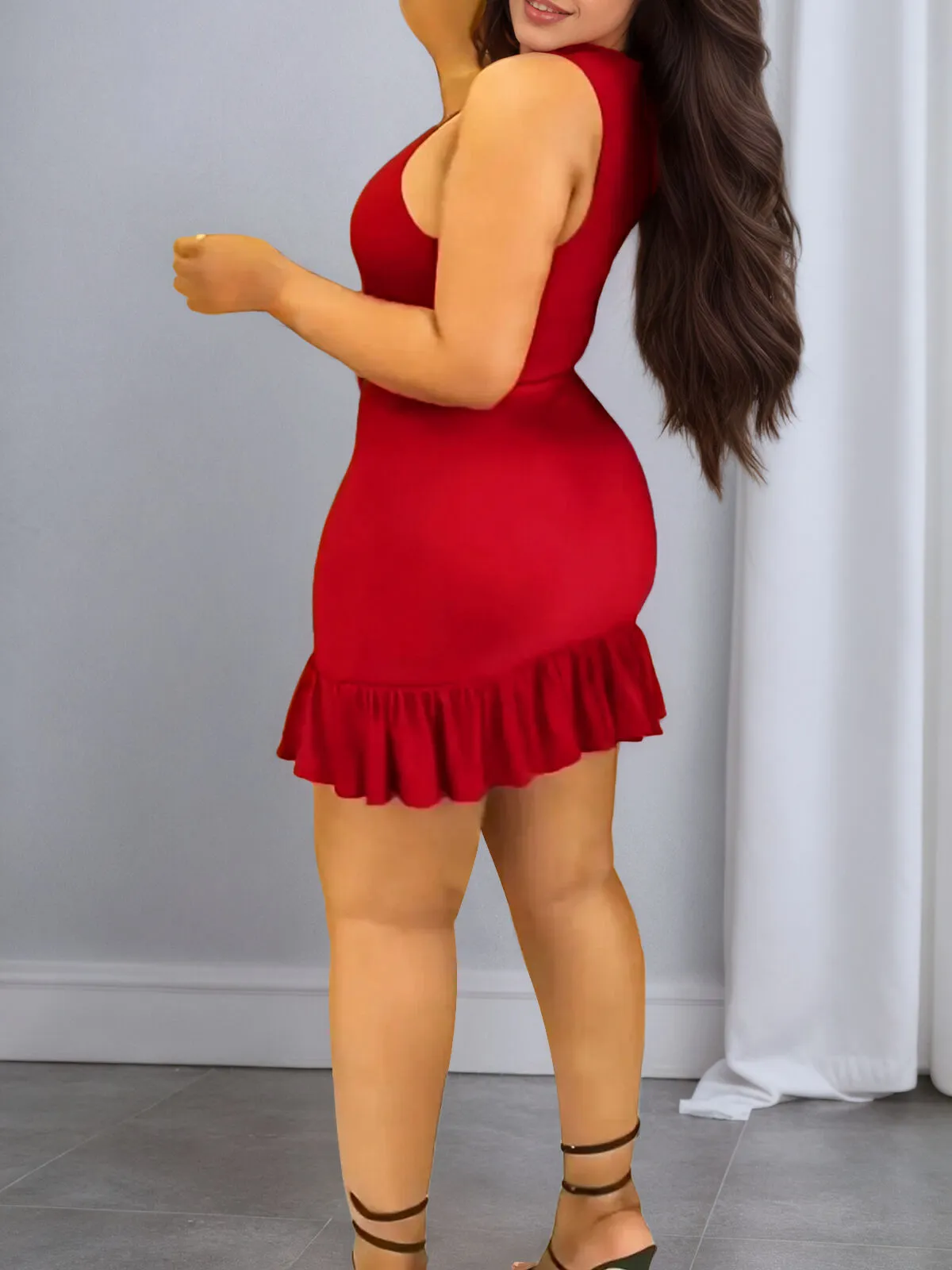 Solid Ruffles Round Neck Bodycon Dress, 2 of 4