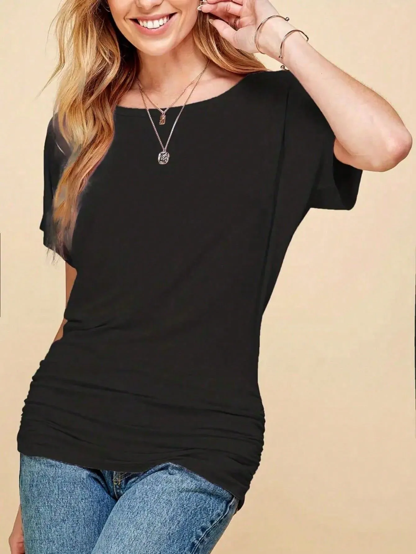 Solid Pleated Round Neck Batwing Sleeve Regular T-shirt, 1 of 5