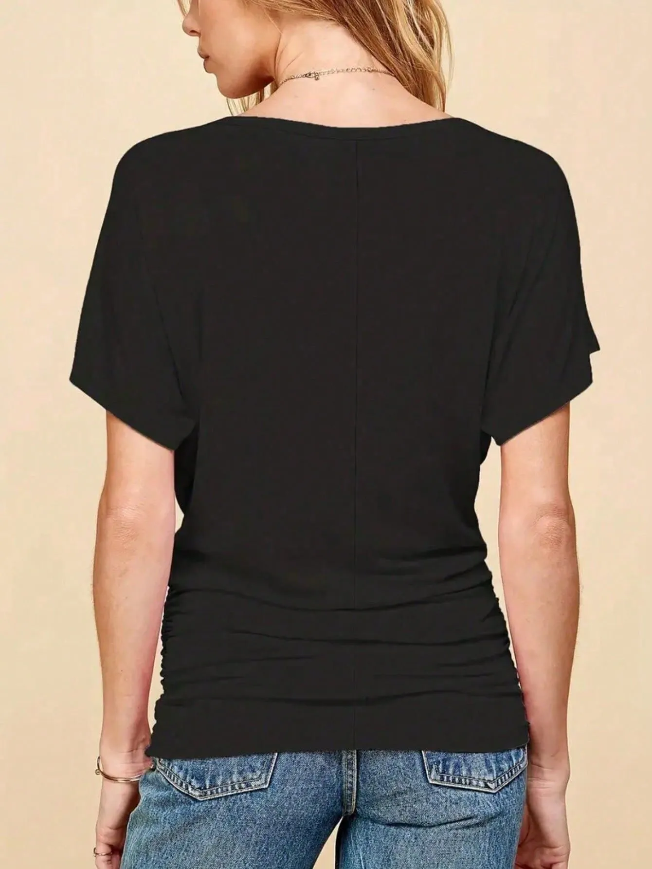 Solid Pleated Round Neck Batwing Sleeve Regular T-shirt, 2 of 5