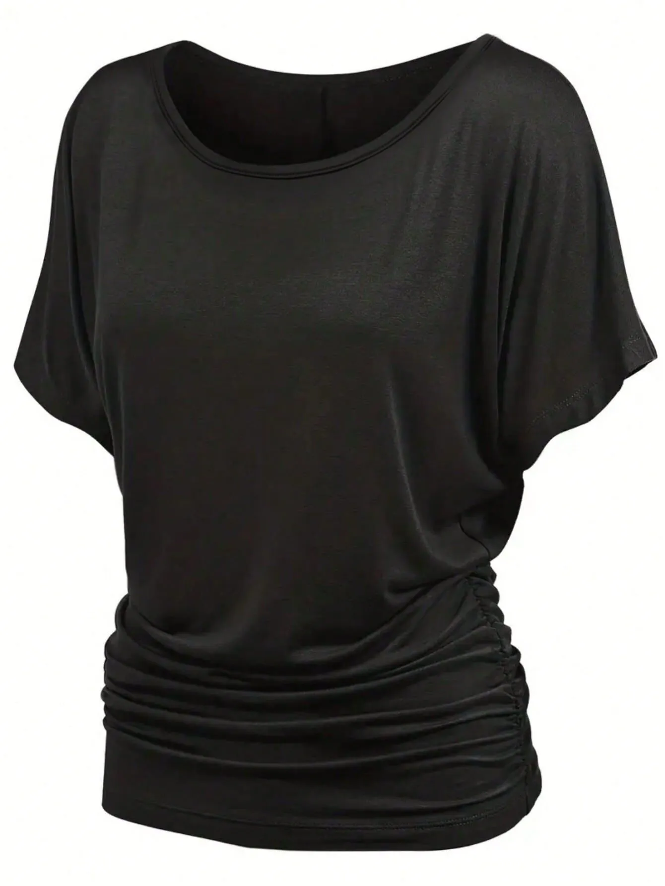 Solid Pleated Round Neck Batwing Sleeve Regular T-shirt, 4 of 5