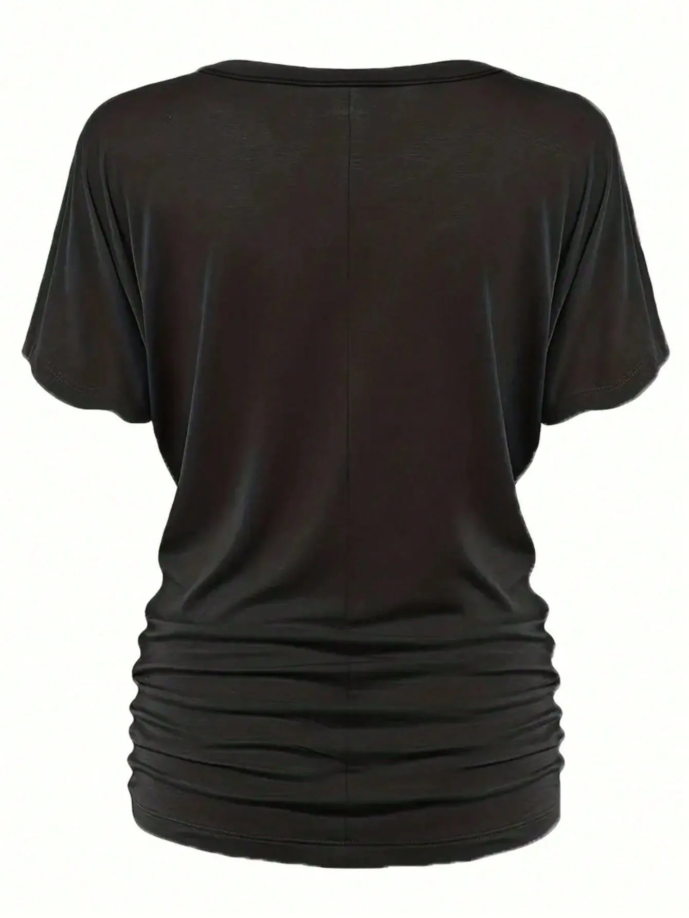 Solid Pleated Round Neck Batwing Sleeve Regular T-shirt, 5 of 5