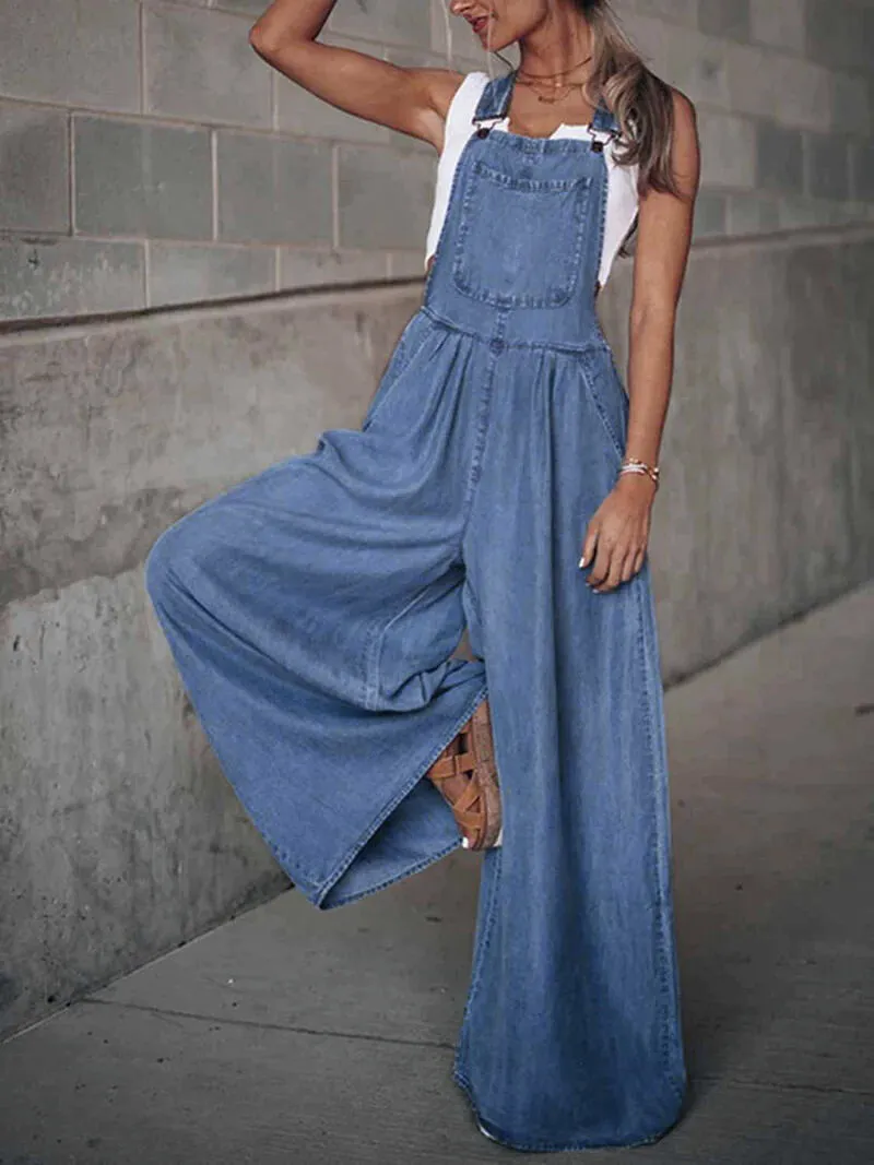 Vintage Square Neck Denim Wide Leg Pocket Jumpsuit, 4 of 4
