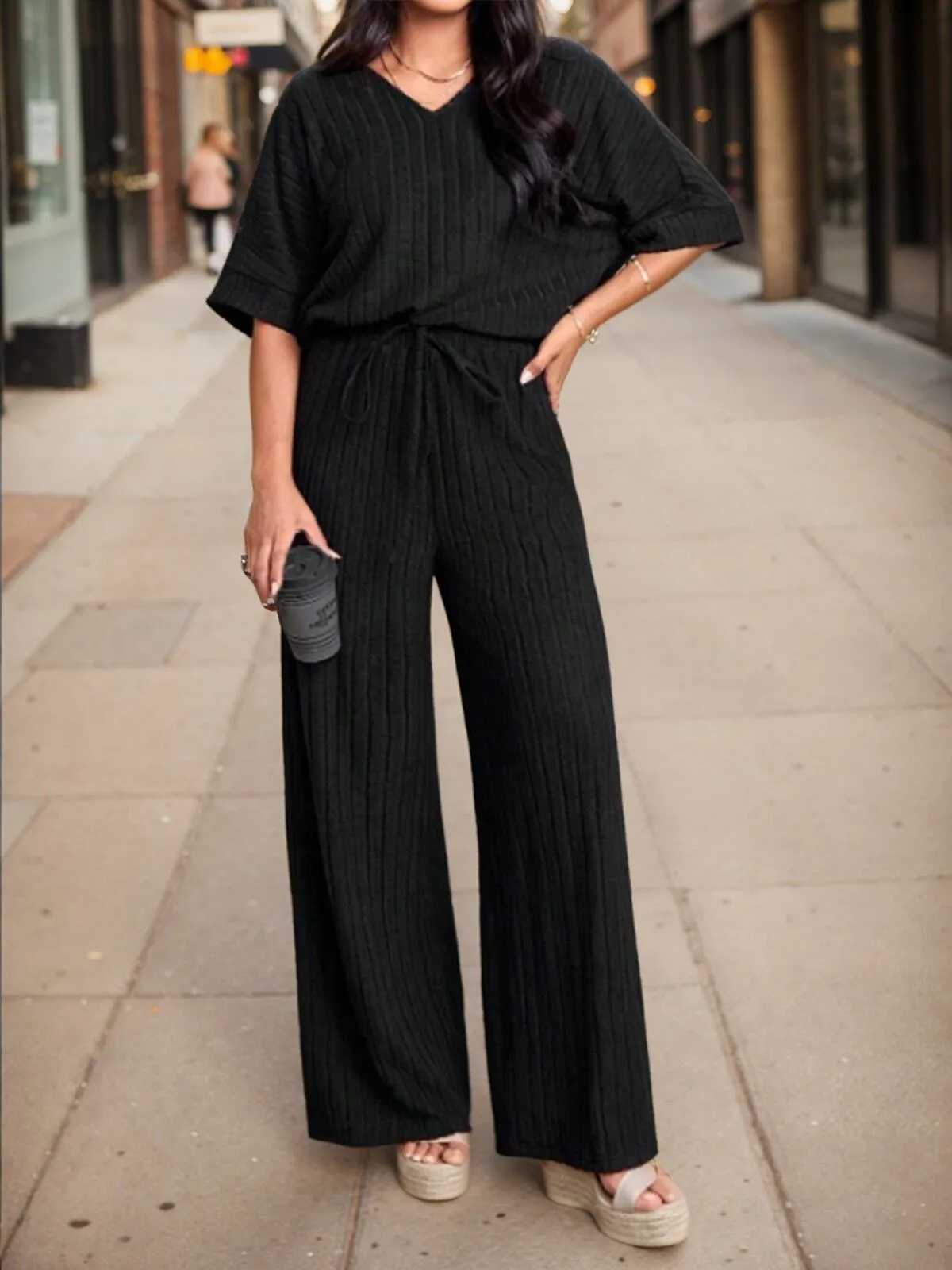 Solid V-neck Blouse & Solid Palazzo Pants, 3 of 5