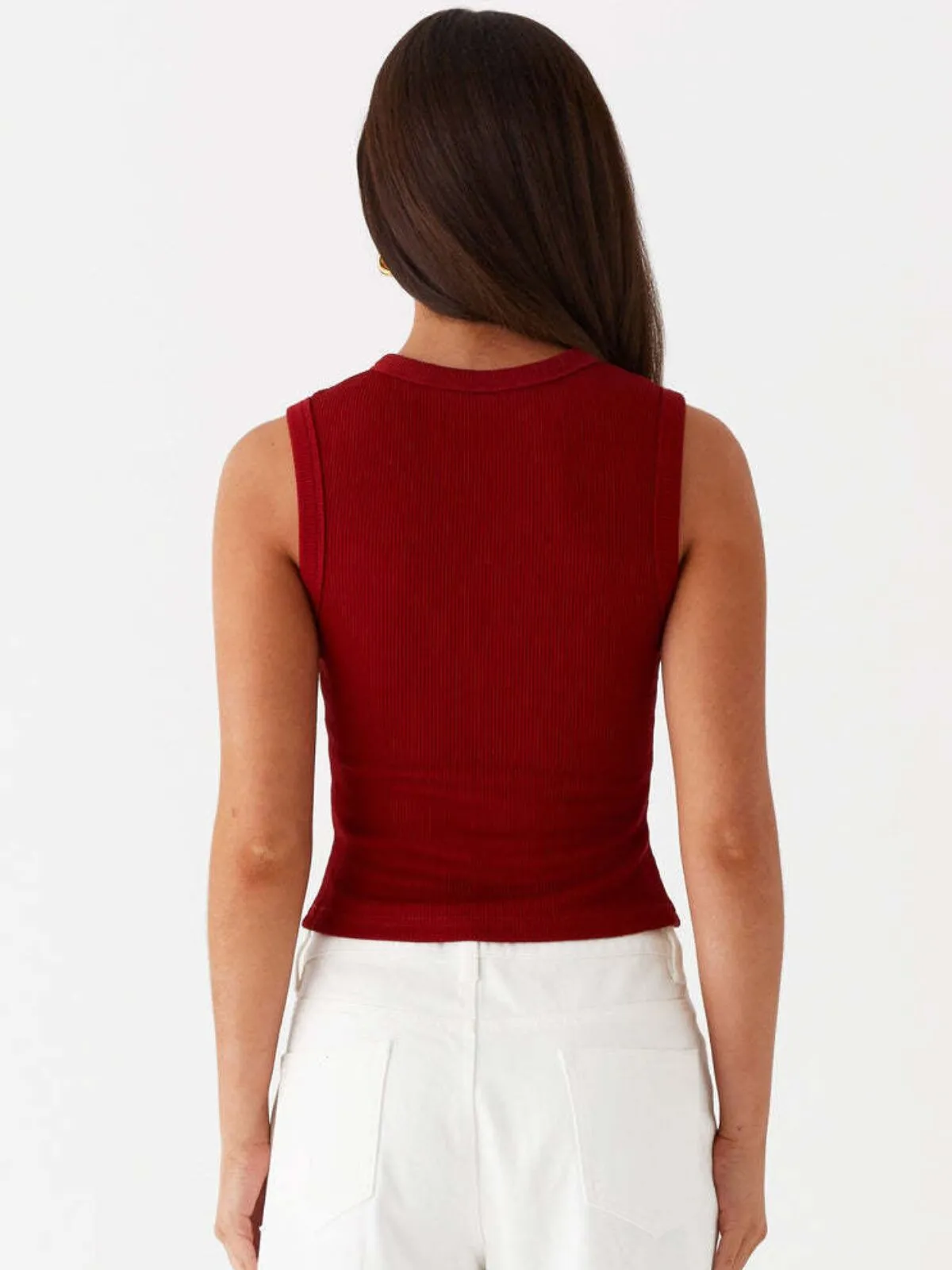 Solid Plain Button Front Ribbed Round Neck Tank for Daily Wear, 2 of 3