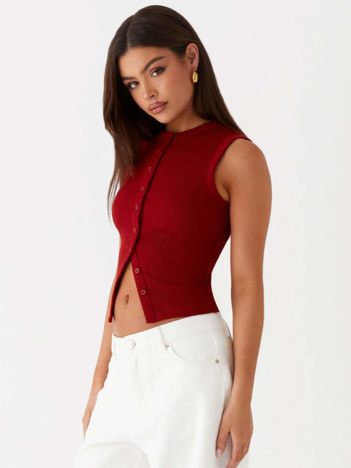 Solid Plain Button Front Ribbed Round Neck Tank for Daily Wear, 3 of 3