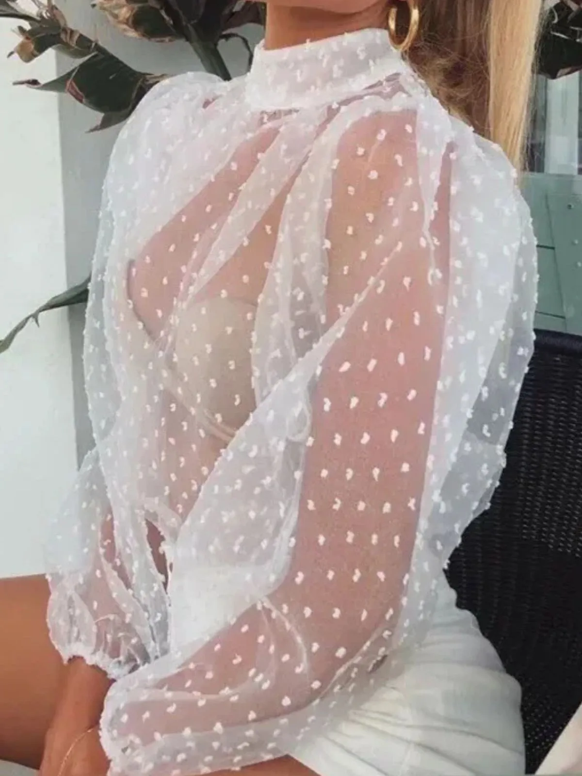 Solid Patchwork Round Neck Lantern Blouse, 2 of 4