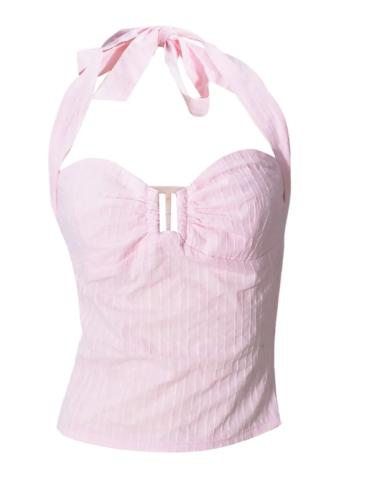 Solid Tie Back Halter Pink Pleated Cami Vacation Party Top, 2 of 9