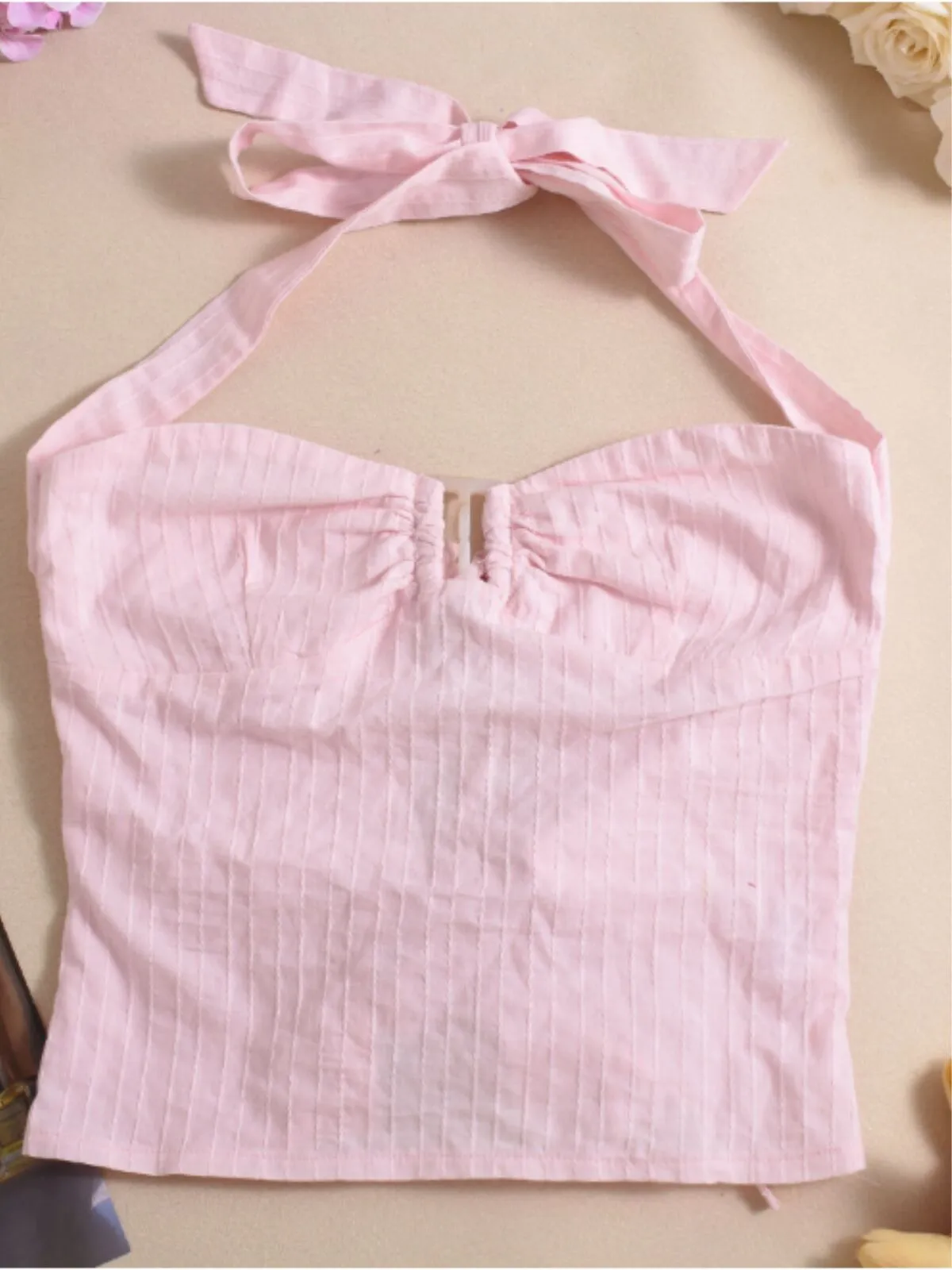 Solid Tie Back Halter Pink Pleated Cami Vacation Party Top, 3 of 9