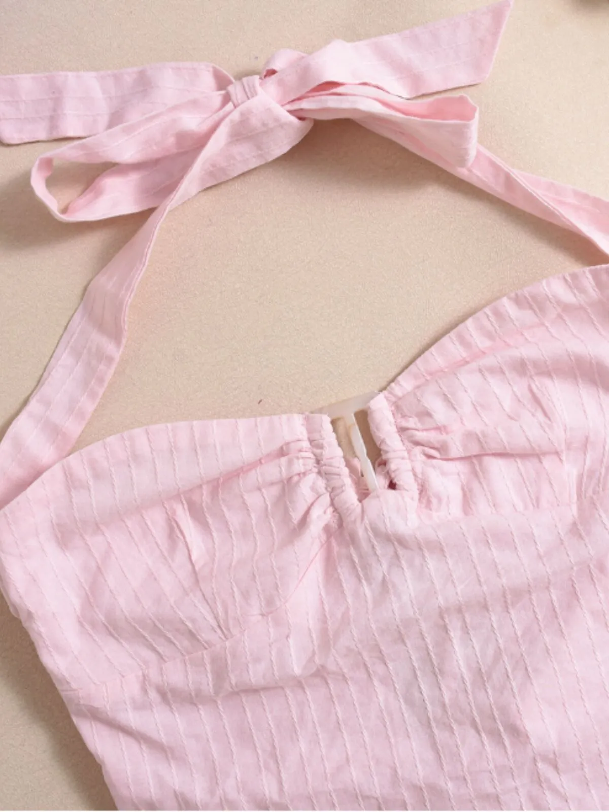 Solid Tie Back Halter Pink Pleated Cami Vacation Party Top, 4 of 9