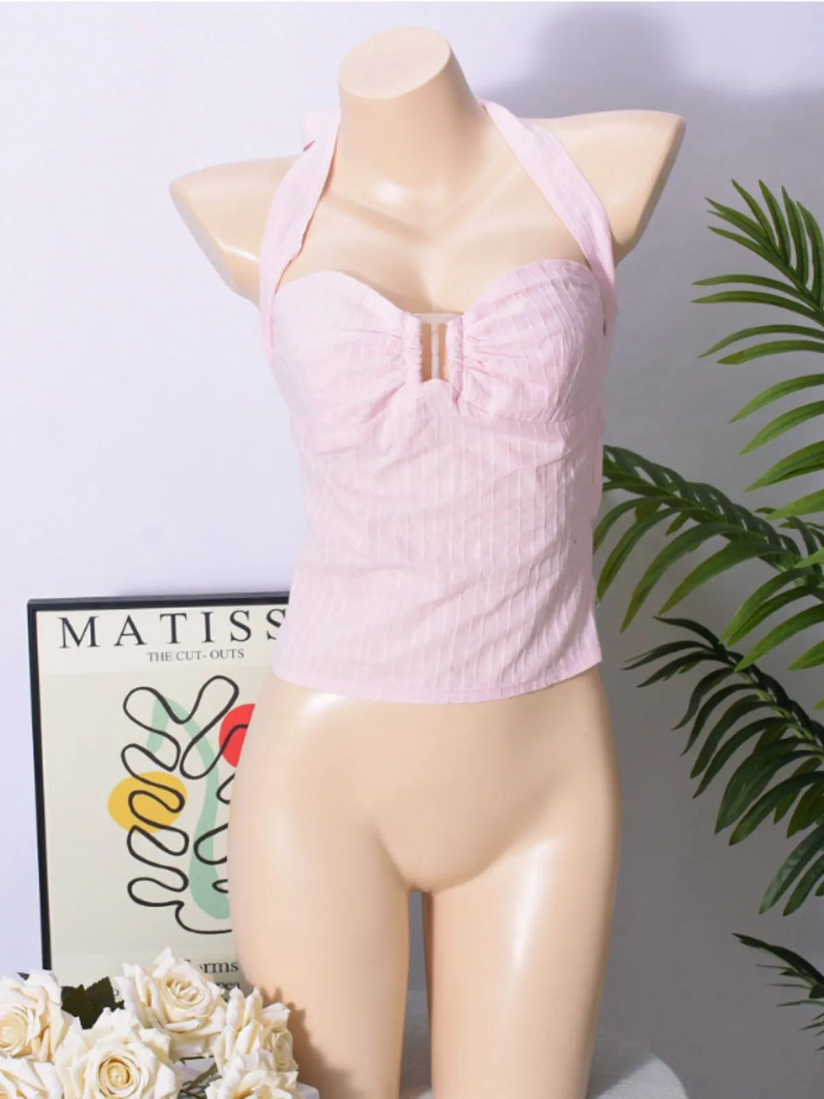 Solid Tie Back Halter Pink Pleated Cami Vacation Party Top, 6 of 9