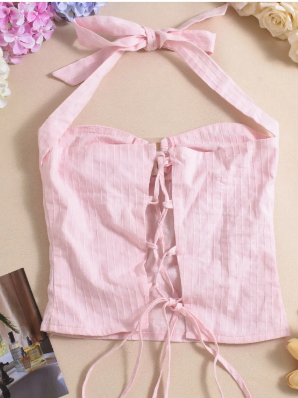 Solid Tie Back Halter Pink Pleated Cami Vacation Party Top, 8 of 9