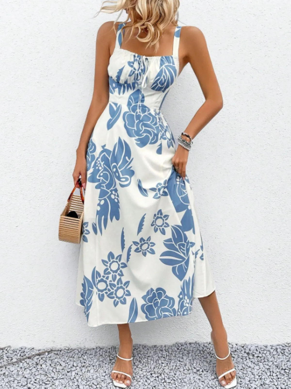 Floral Lace-up Spaghetti Strap A-line Dress, 2 of 5