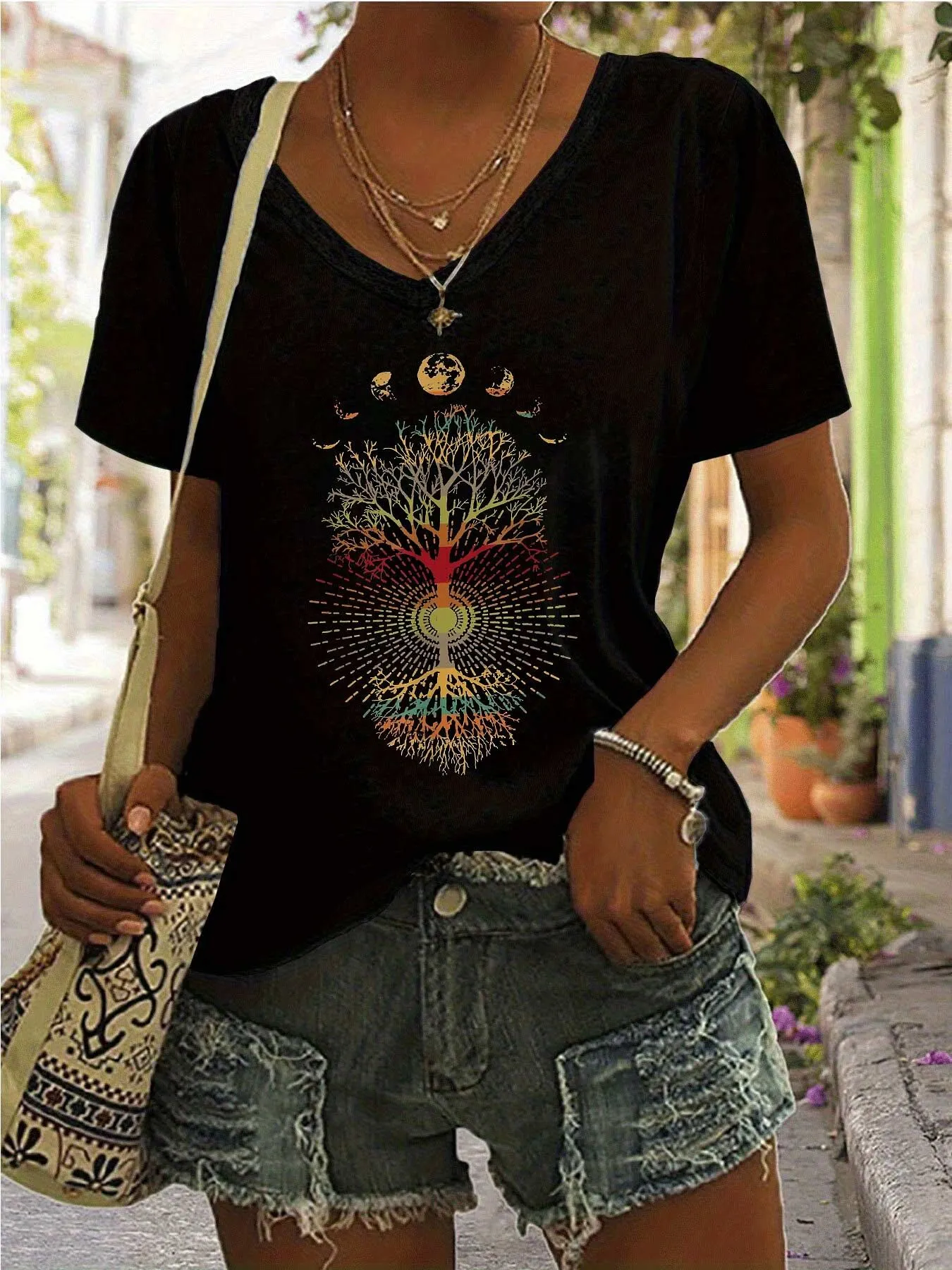 Tree Print V-neck Graphic T-shirt, 1 of 2