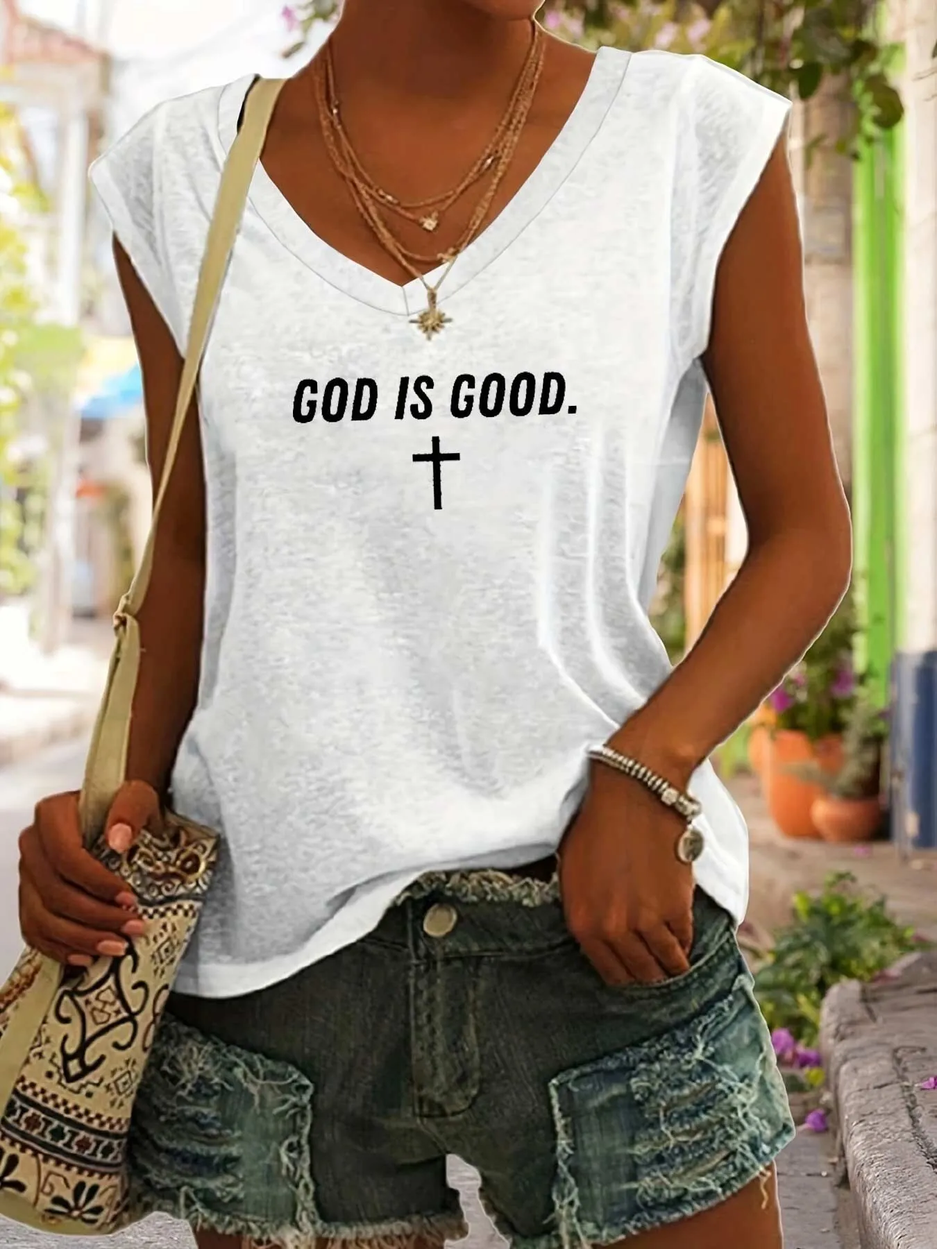 God Is Good Slogan V-neck Tank, 1 of 2