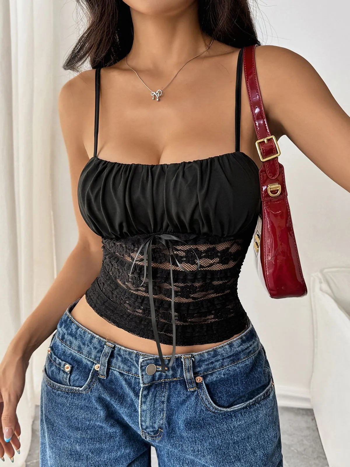 Solid Lace-up Spaghetti Strap Cami, 1 of 10