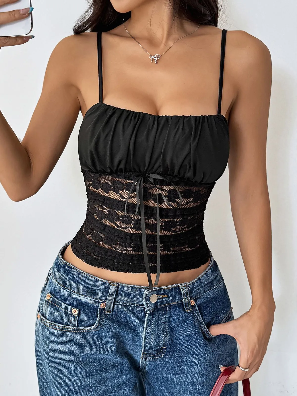 Solid Lace-up Spaghetti Strap Cami, 3 of 10
