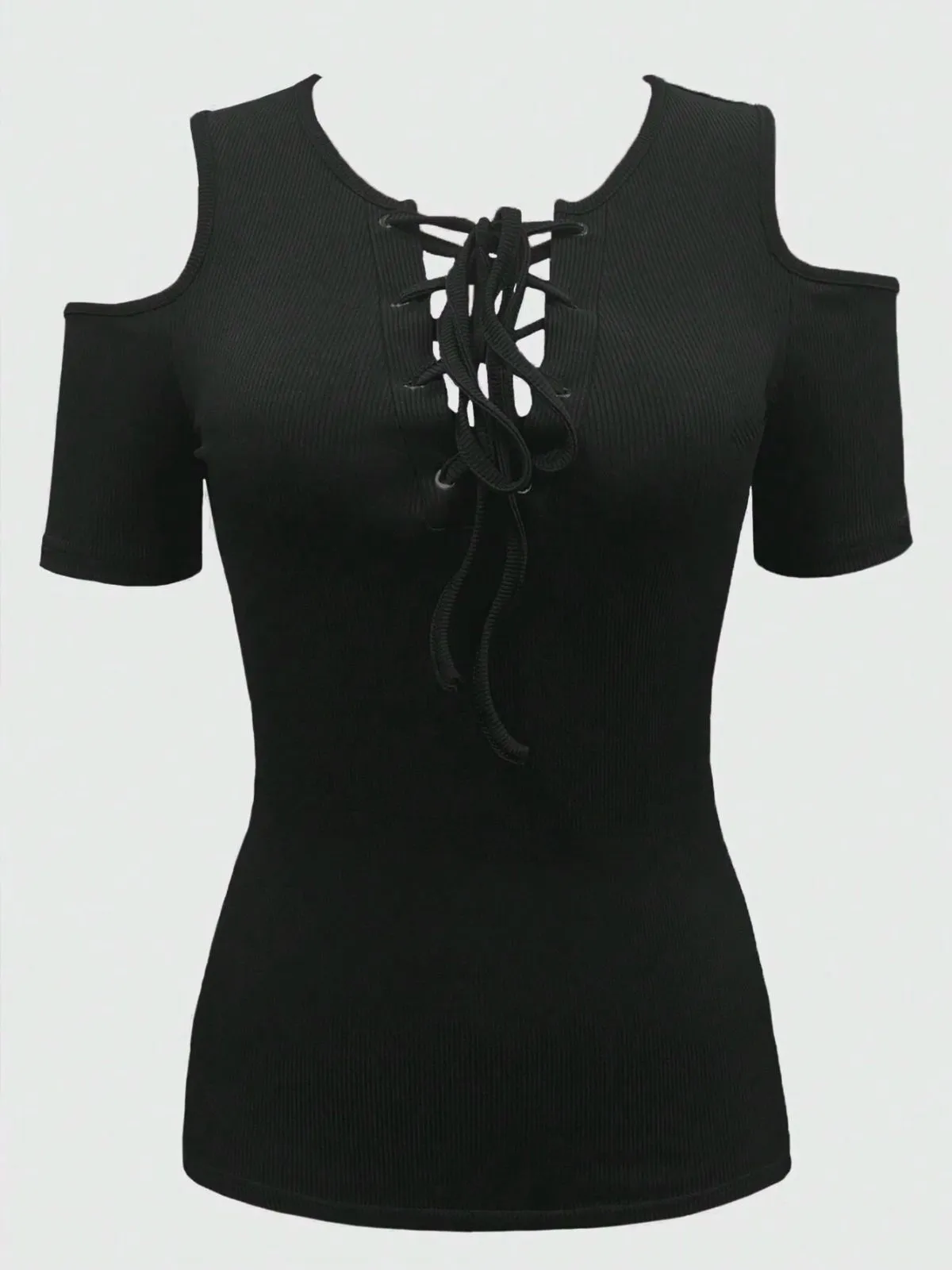 Solid Lace-up Deep V Neck Cold Shoulder Blouse, 3 of 3