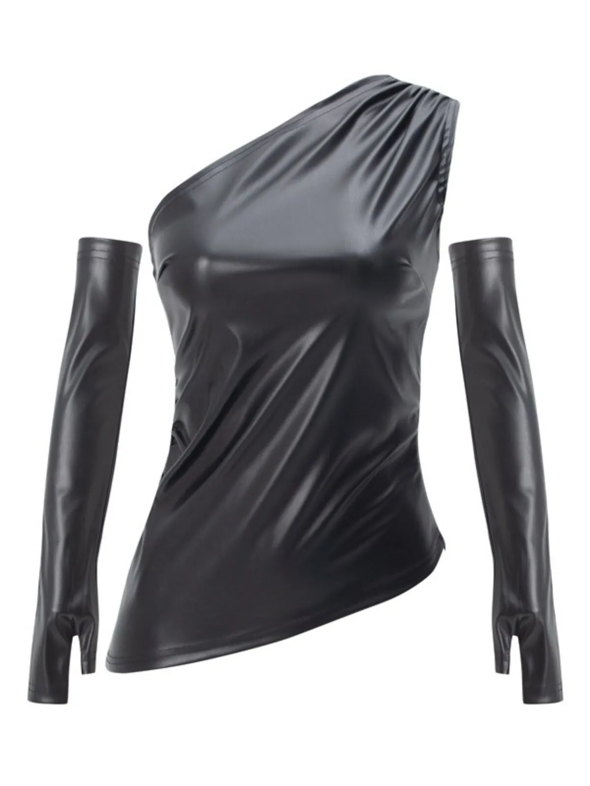 Solid Surplice Cold Shoulder Leather Asymmetrical Tank, 2 of 5