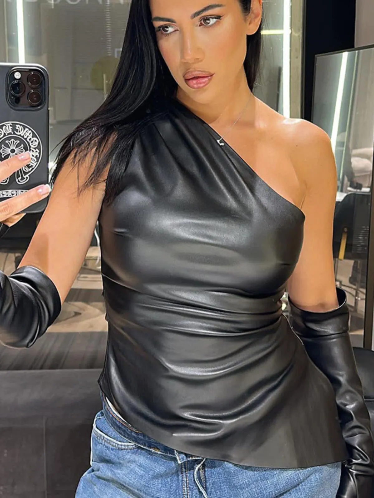 Solid Surplice Cold Shoulder Leather Asymmetrical Tank, 4 of 5