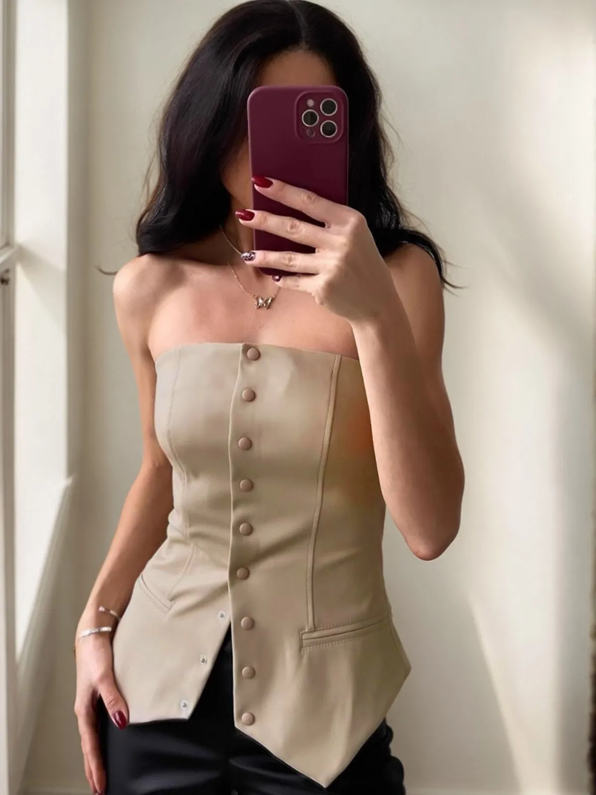 Solid Button Strapless Pu Leather Tank, 2 of 4