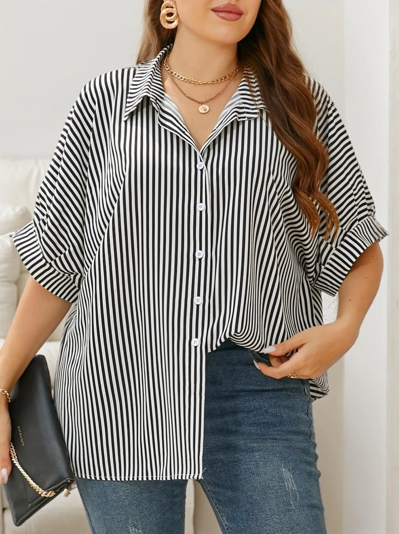 Plus Size Striped Button Lapel Blouse, 1 of 6