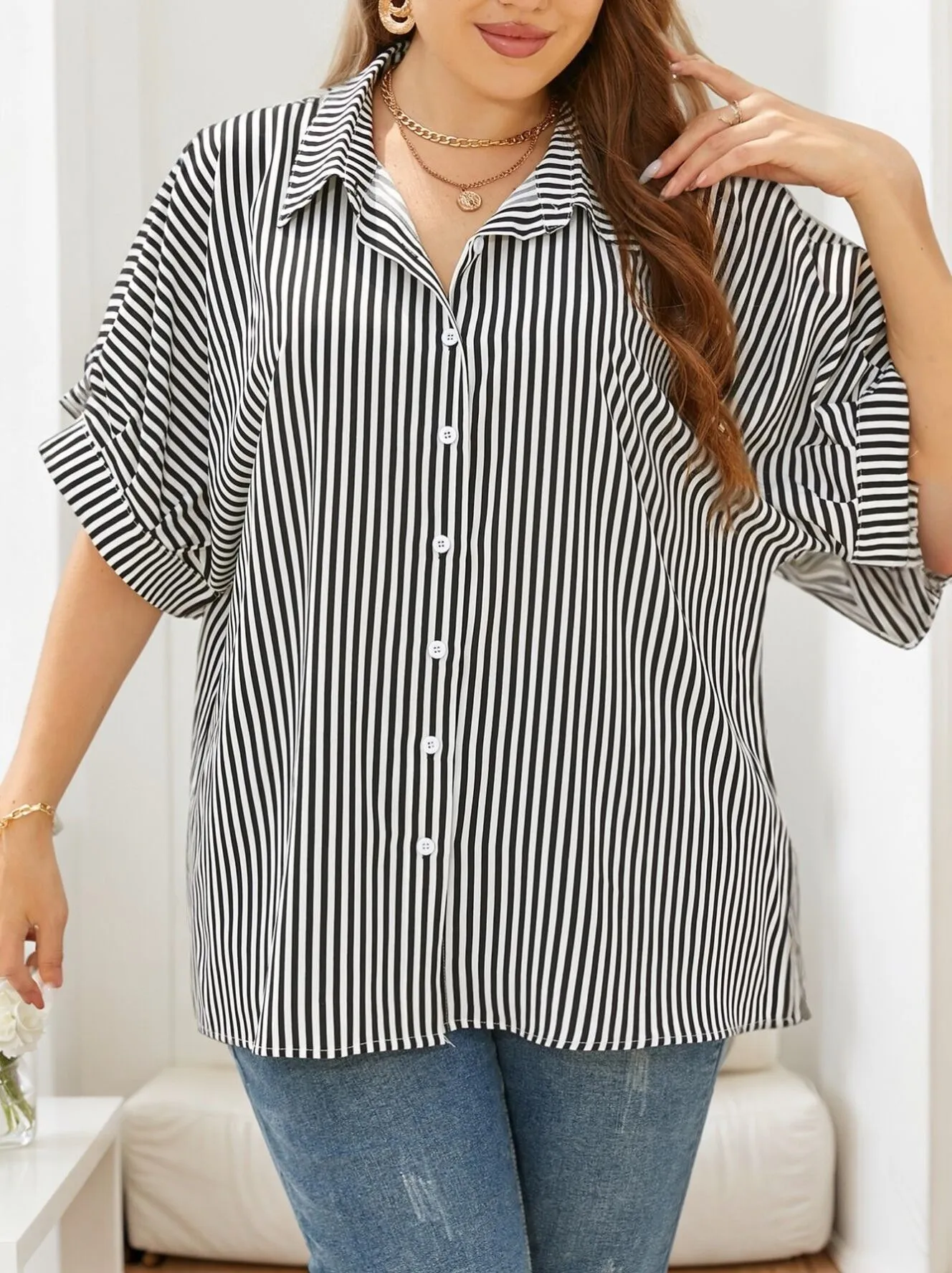Plus Size Striped Button Lapel Blouse, 3 of 6