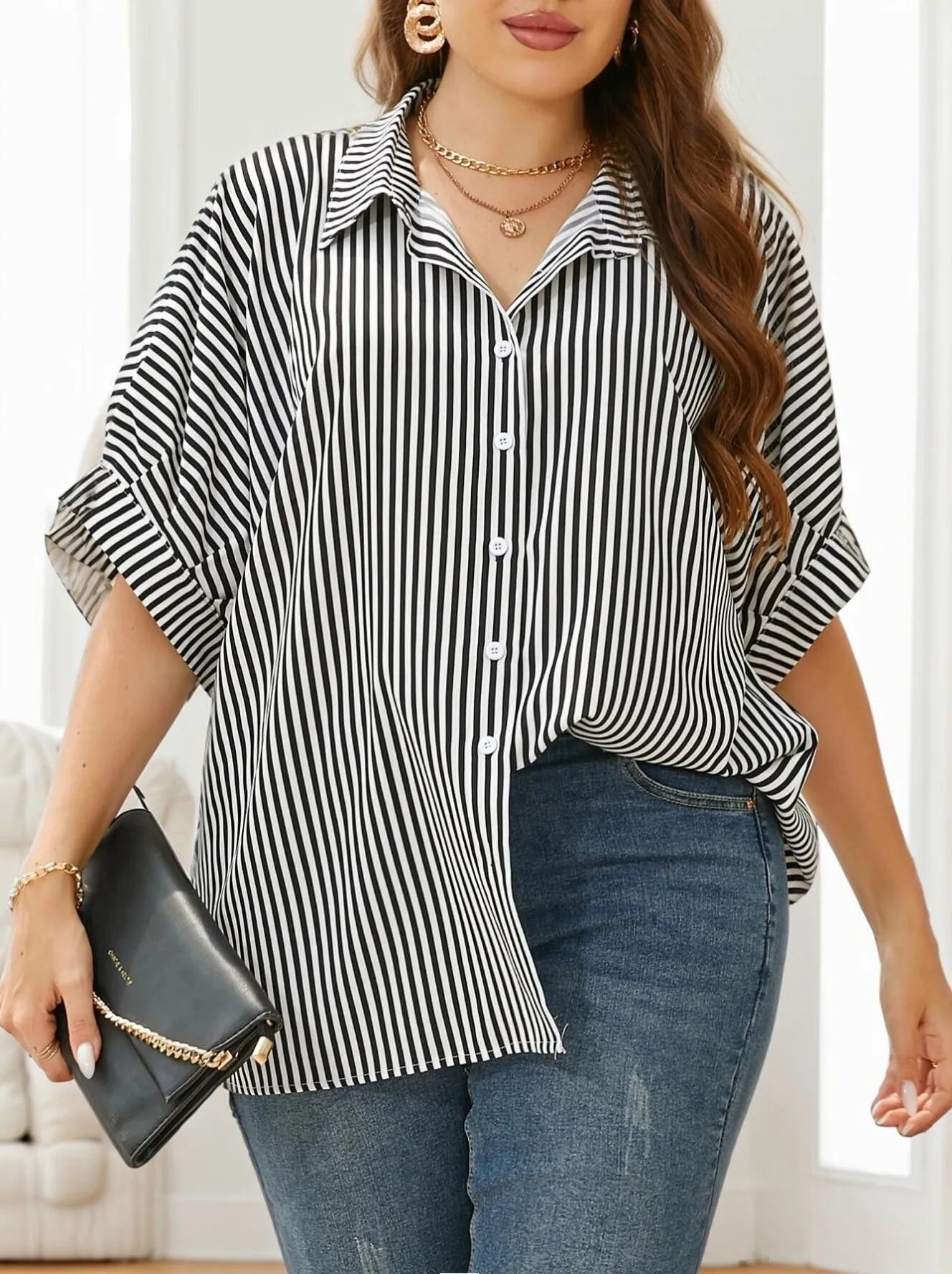 Plus Size Striped Button Lapel Blouse, 6 of 6